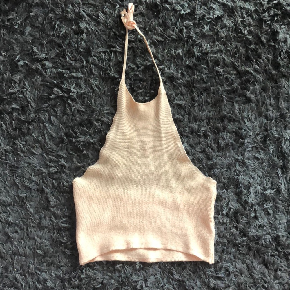 Knit cropped halter top in peach